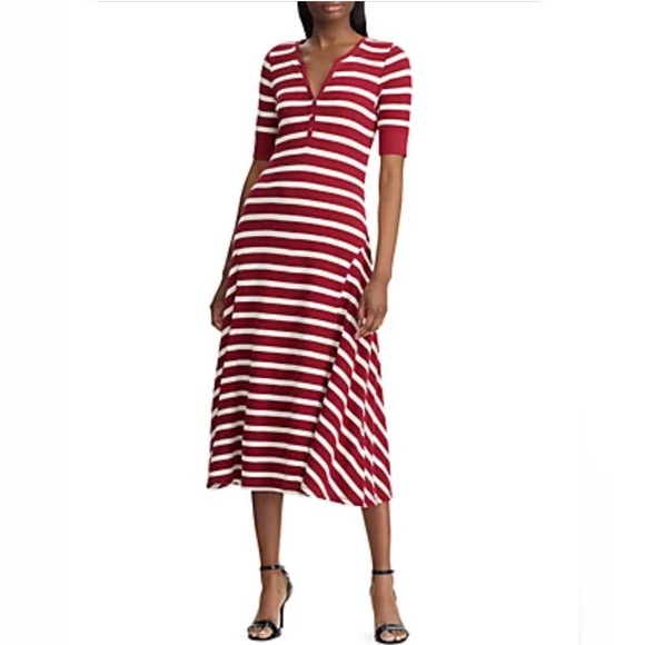 LAUREN RALPH LAUREN Ivory Maroon Stripe Fit &Flare